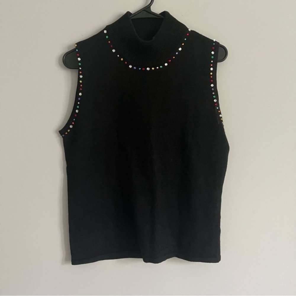 ERIKA Black Mock Neck Sleeveless Knit Top with Multi-Color Rhinestones